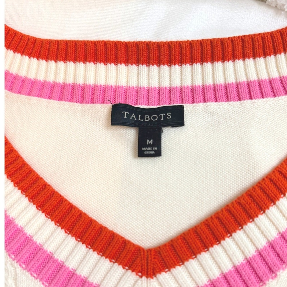 Talbots V-Neck Sweater Womens M Ivory Excellent Pink Orange Trim Cable Knit - Picture 3 of 8